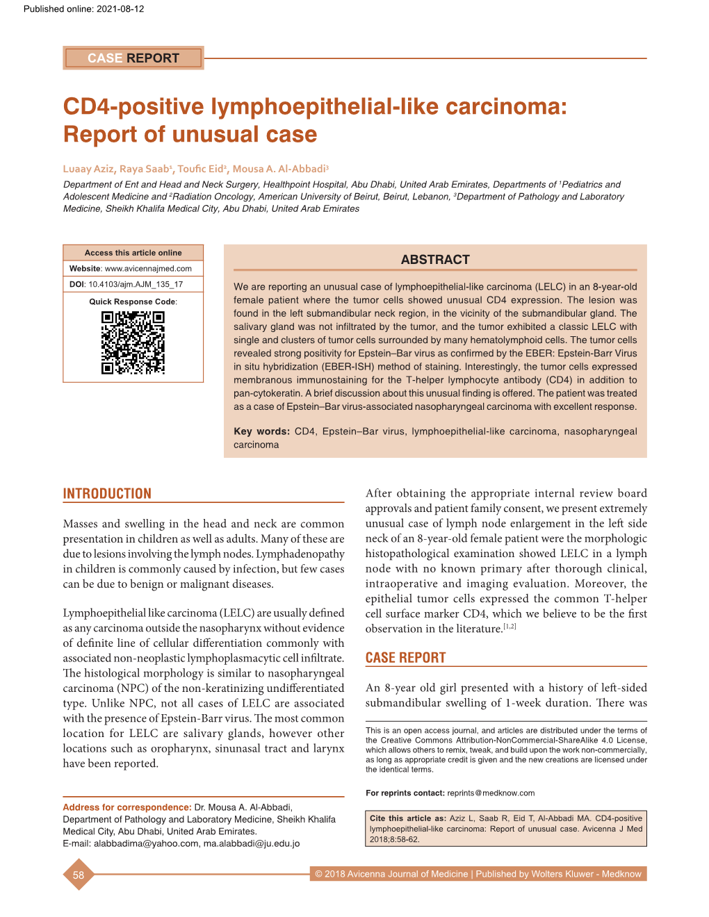 CD4‑Positive Lymphoepithelial‑Like Carcinoma: Report of Unusual Case