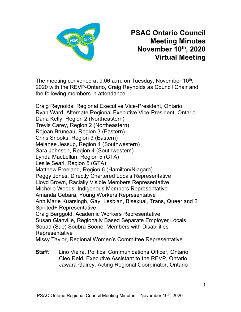 PSAC Ontario Council Meeting Minutes November 10Th, 2020 Virtual Meeting
