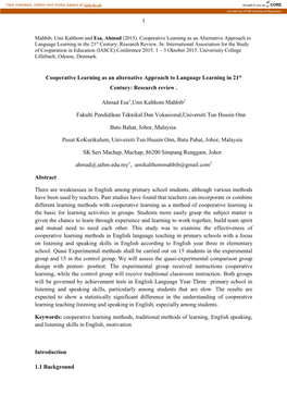 1 Cooperative Learning As an Alternative Approach to Language Learning in 21St Century