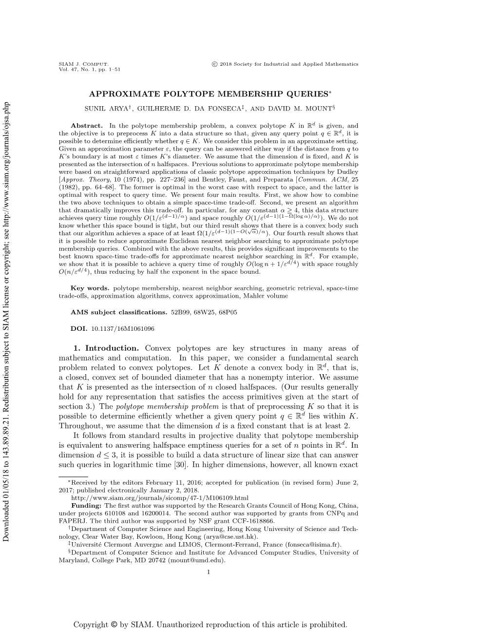 Approximate Polytope Membership Queries | SIAM Journal on Computing