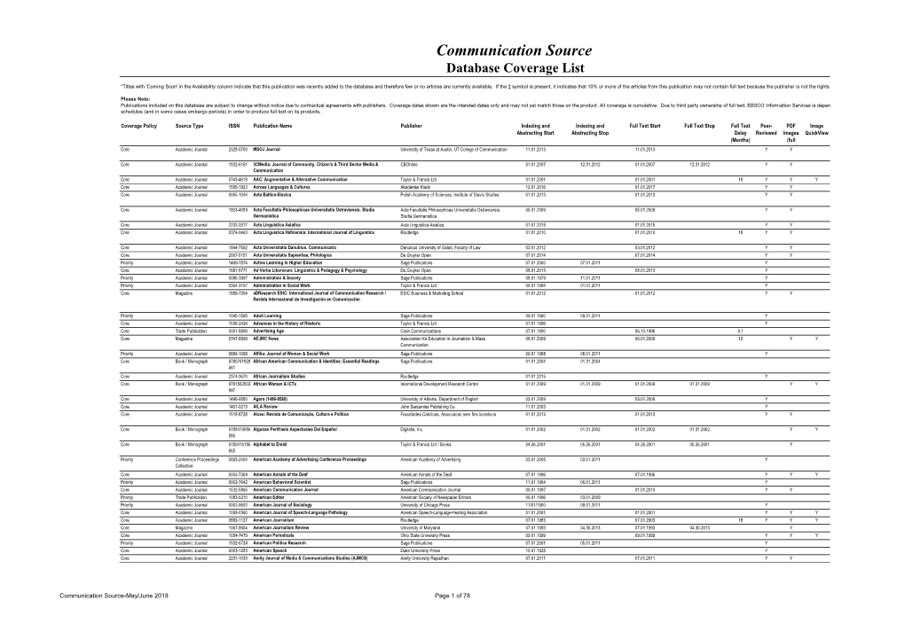 Communication Source Database Coverage List