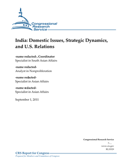 India: Domestic Issues, Strategic Dynamics, and U.S. Relations