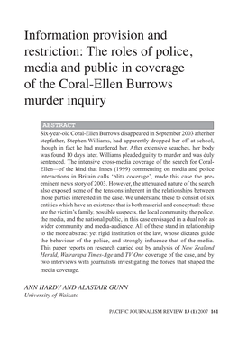 The Roles of Police, Media and Public in Coverage of the Coral-Ellen Burrows Murder Inquiry