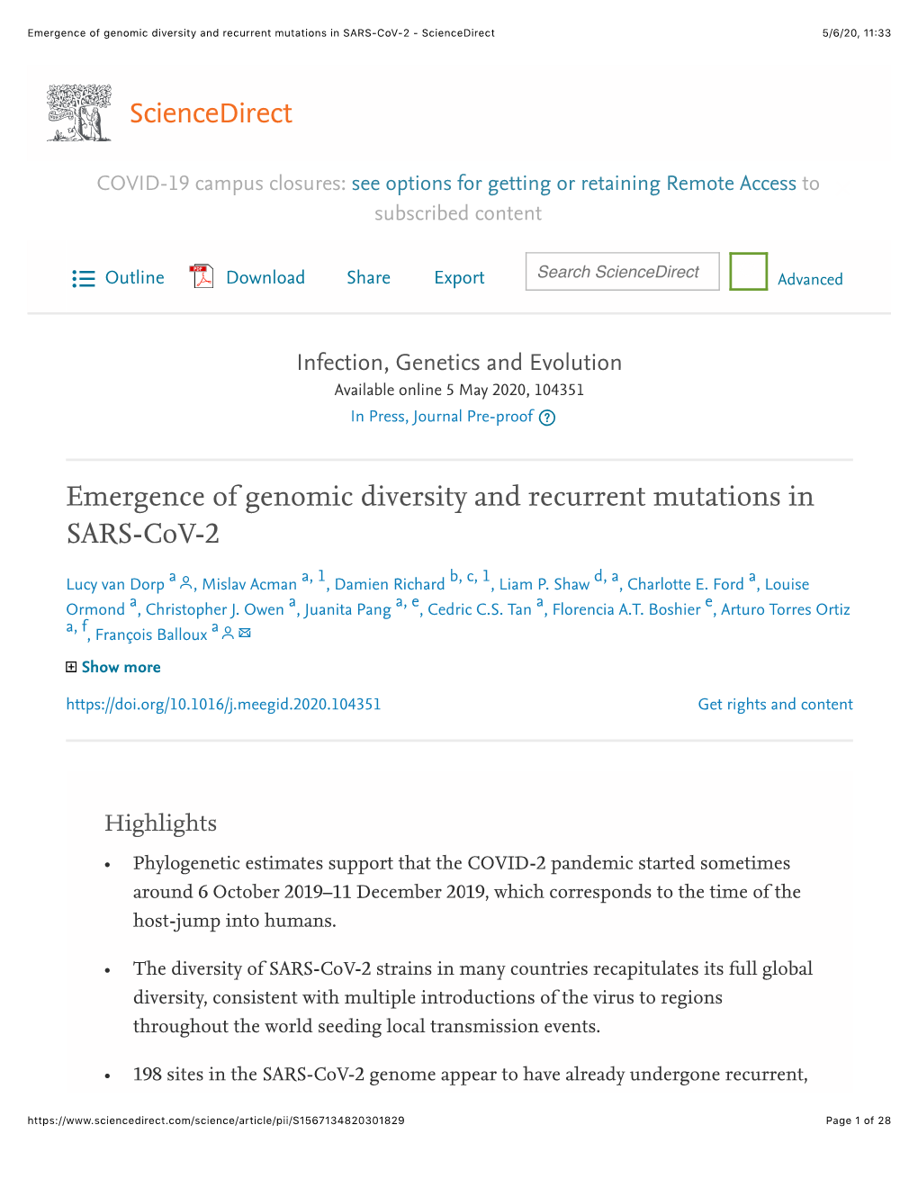 Emergence of Genomic Diversity and Recurrent Mutations in SARS-Cov-2 - Sciencedirect 5/6/20, 11�33