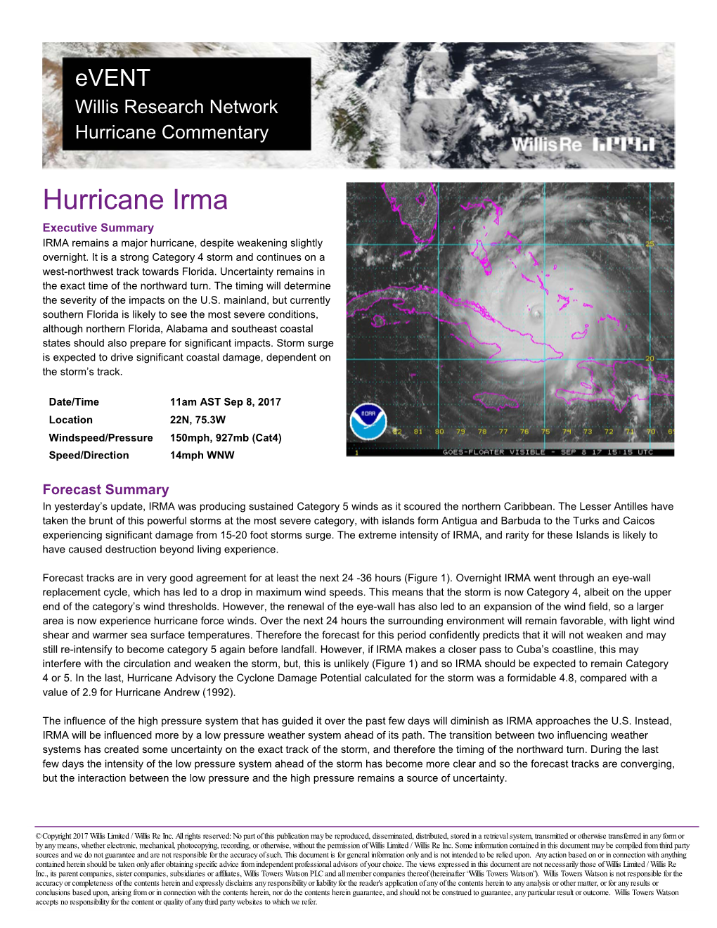 Hurricane Irma Executive Summary IRMA Remains a Major Hurricane, Despite Weakening Slightly Overnight