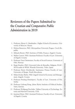 Reviewers of the Papers Submitted to the Croatian and Comparative