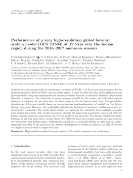 Performance of a Very High-Resolution Global Forecast System Model (GFS T1534) at 12.5 Km Over the Indian Region During the 2016–2017 Monsoon Seasons