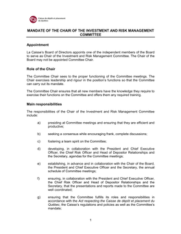 Mandate of the Chair of the Investment and Risk Management Committee