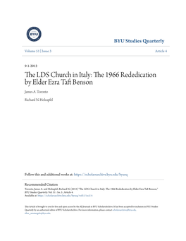 The LDS Church in Italy: the 1966 Rededication by Elder Ezra Taft Benson," BYU Studies Quarterly: Vol