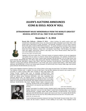Julien's Auctions Announces Icons & Idols: Rock N' Roll