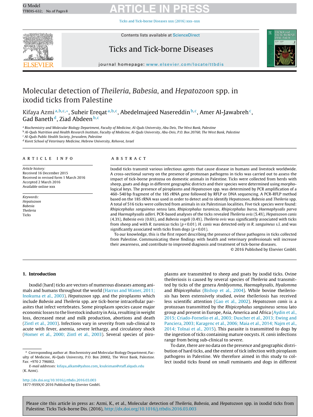 Molecular Detection of Theileria, Babesia, and Hepatozoon Spp. In.Pdf