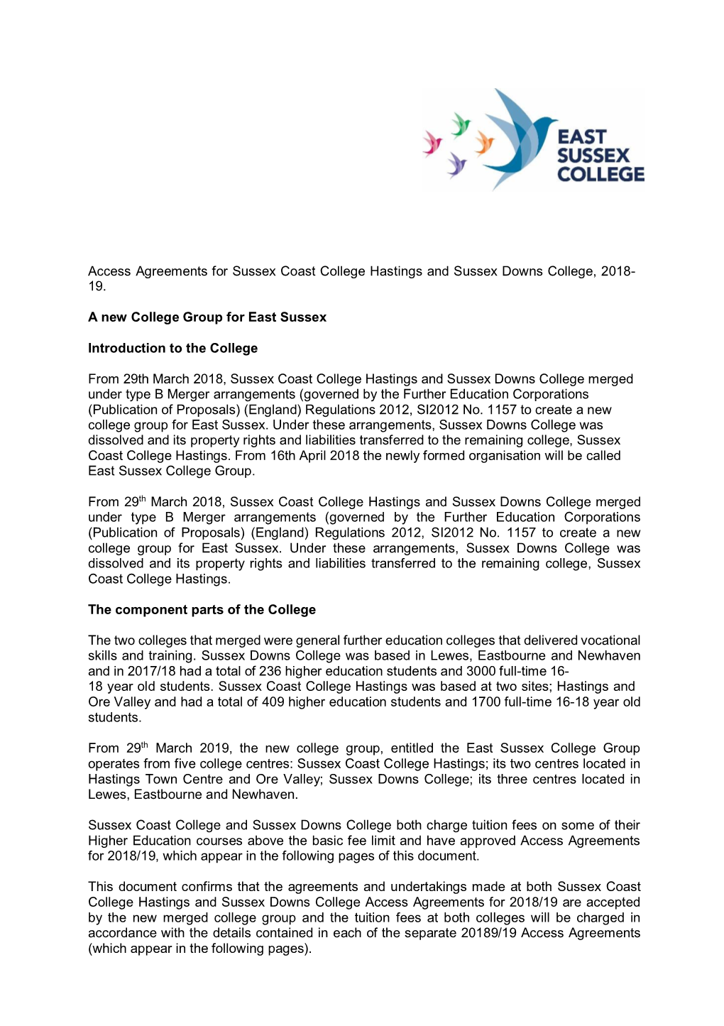 Access Agreements for Sussex Coast College Hastings and Sussex Downs College, 2018- 19
