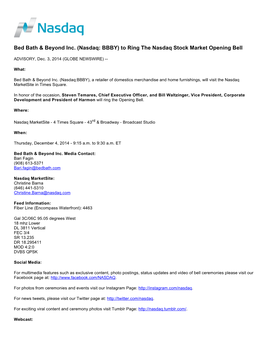 Bed Bath & Beyond Inc. (Nasdaq: BBBY) to Ring the Nasdaq Stock