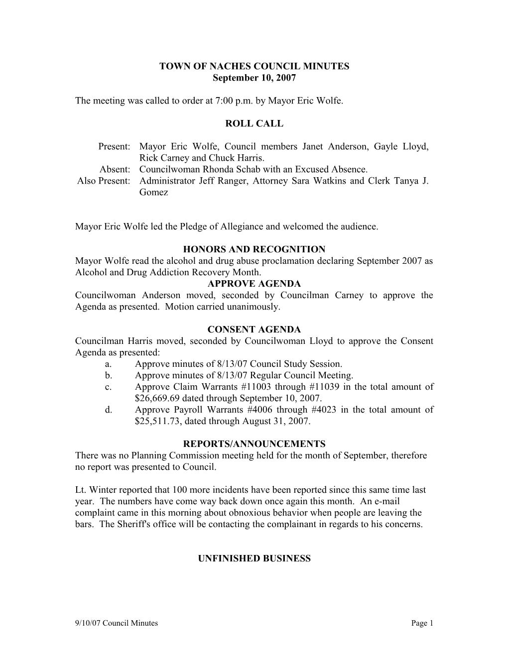 Town of Naches Council Minutes