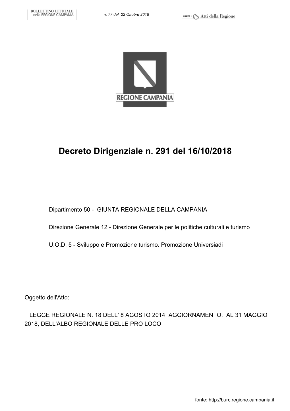 Decreto Dirigenziale N. 291 Del 16/10/2018