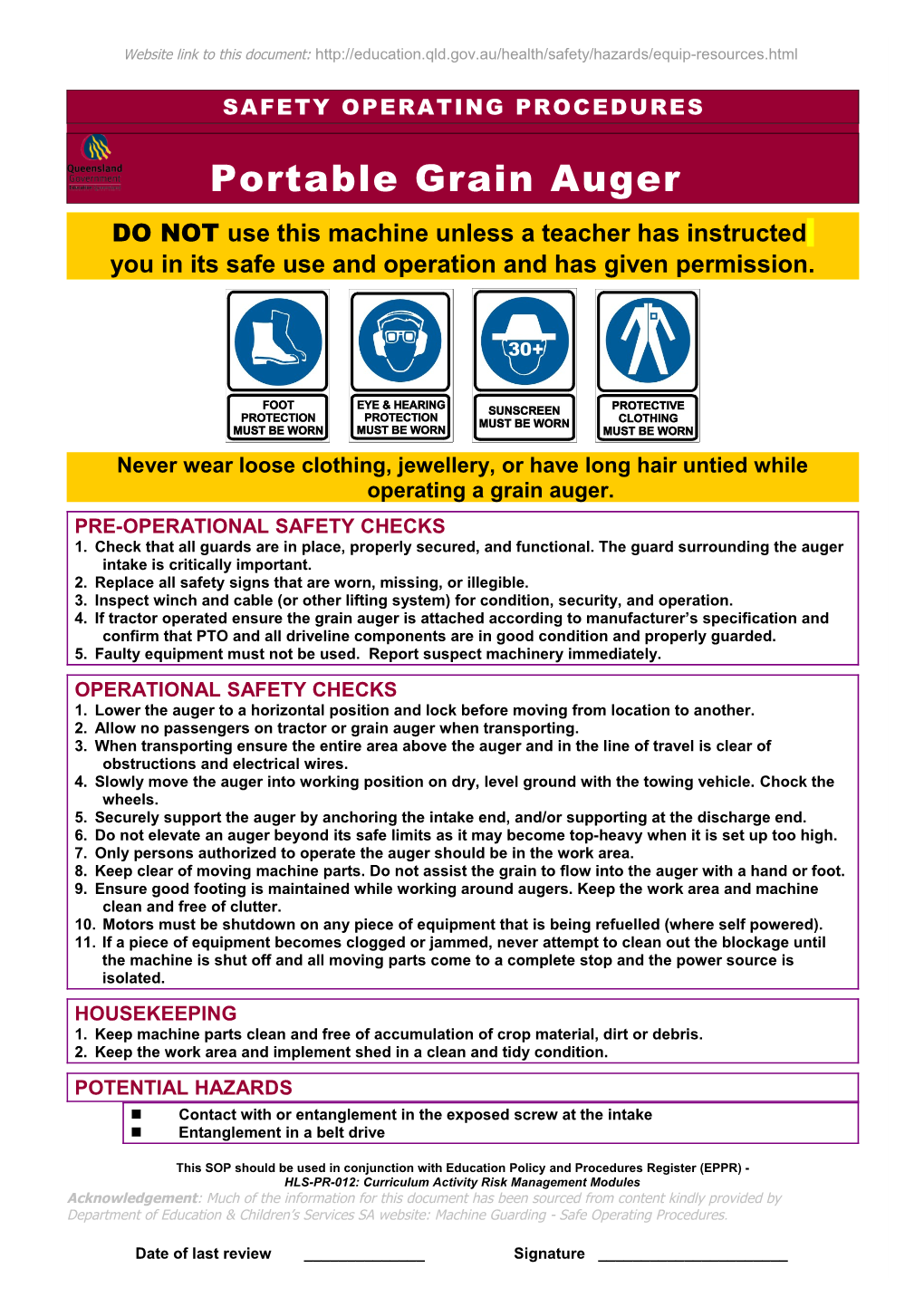 Safety Operating Procedure - Portable Grain Auger