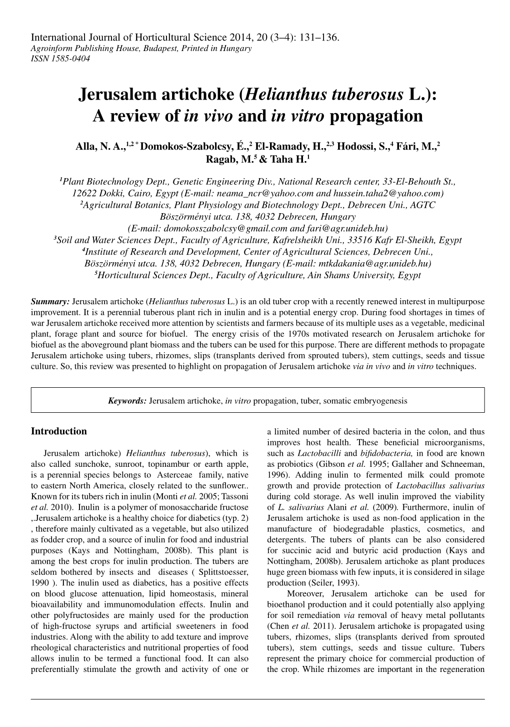 Jerusalem Artichoke (Helianthus Tuberosus L.): a Review of in Vivo and in Vitro Propagation