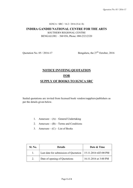 Indira Gandhi National Centre for the Arts Notice Inviting