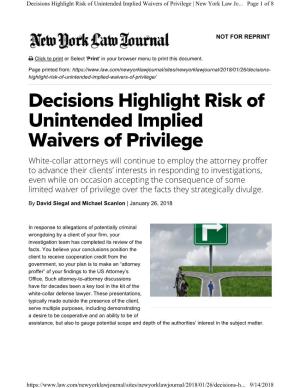Decisions Highlight Risk of Unintended Implied Waivers of Privilege | New York Law Jo