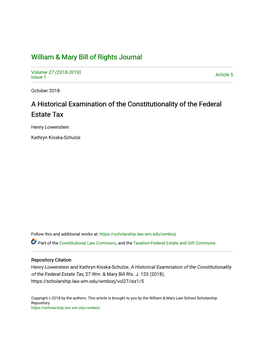 A Historical Examination of the Constitutionality of the Federal Estate Tax