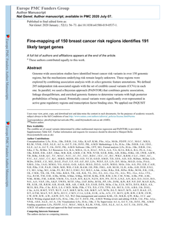 Fine-Mapping of 150 Breast Cancer Risk Regions Identifies 191 Likely Target Genes