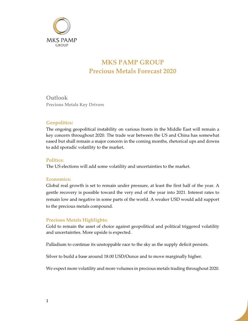 MKS PAMP GROUP Precious Metals Forecast 2020