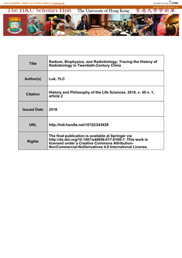 Tracing the History of Radiobiology in Twentieth-Century China Author(S)