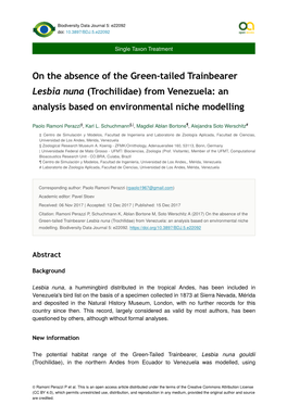 On the Absence of the Green-Tailed Trainbearer Lesbia Nuna (Trochilidae) from Venezuela: an Analysis Based on Environmental Niche Modelling