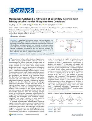 Manganese-Catalyzed Β‑Alkylation of Secondary Alcohols with Primary Alcohols Under Phosphine-Free Conditions