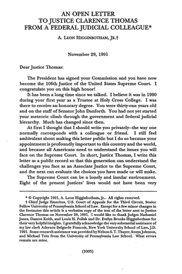 Open Letter to Justice Clarence Thomas from a Federal Judicial Colleague*