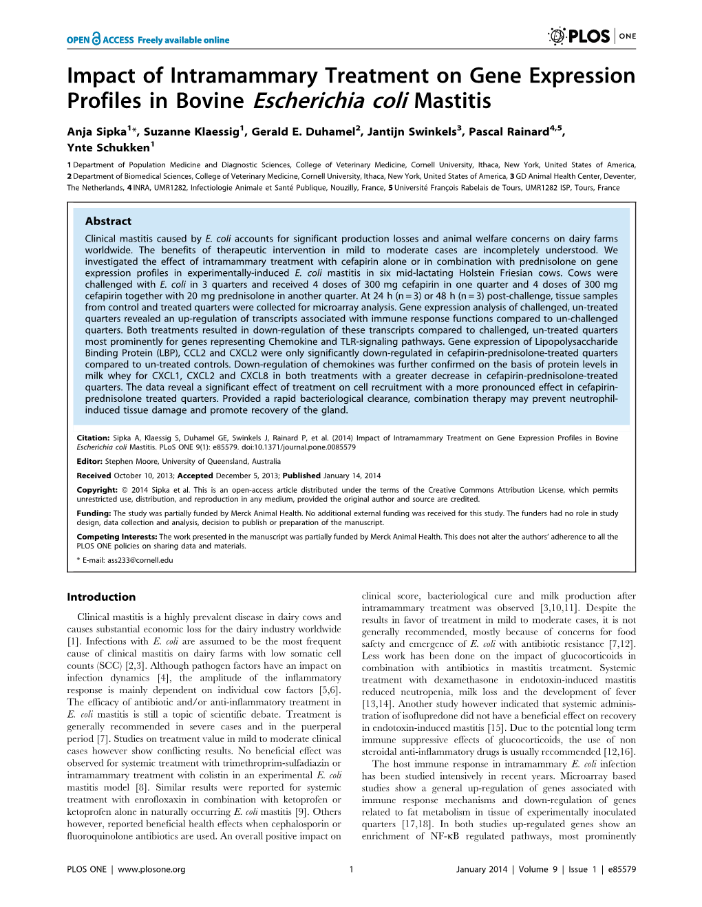 Impact of Intramammary Treatment on Gene Expression Profiles in Bovine Escherichia Coli Mastitis