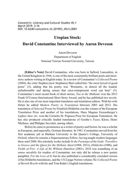 Utopian Stock: David Constantine Interviewed by Aaron Deveson