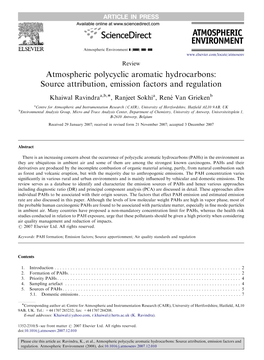 Atmospheric Polycyclic Aromatic Hydrocarbons: Source Attribution, Emission Factors and Regulation