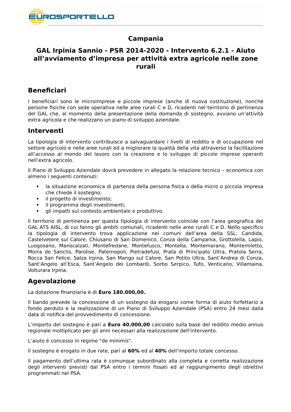 Campania GAL Irpinia Sannio - PSR 2014-2020 - Intervento 6.2.1 - Aiuto All’Avviamento D’Impresa Per Attività Extra Agricole Nelle Zone Rurali