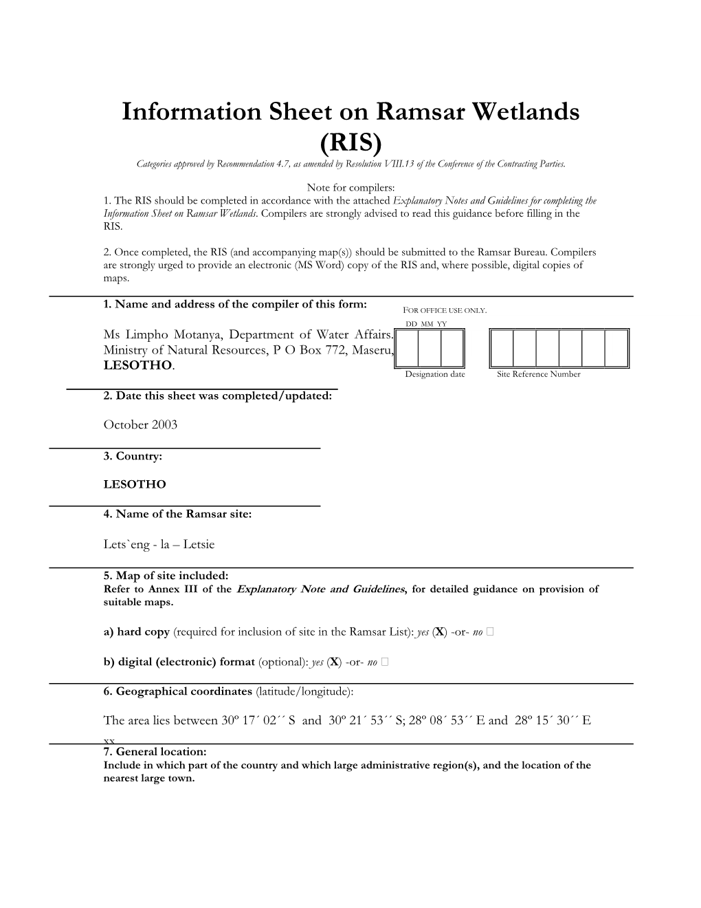 Information Sheet on Ramsar Wetlands (RIS) Categories Approved by Recommendation 4.7, As Amended by Resolution VIII.13 of the Conference of the Contracting Parties