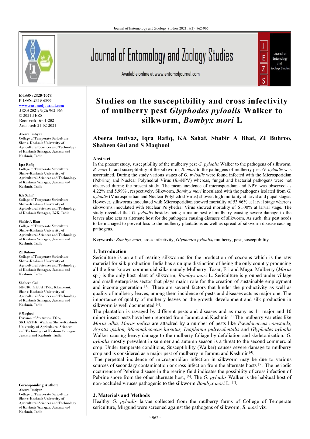 Studies on the Susceptibility and Cross Infectivity of Mulberry Pest