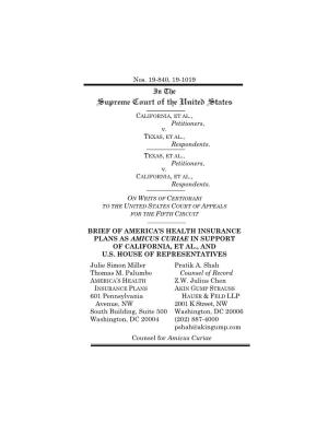 Health Insurance Plans As Amicus Curiae in Support of California, Et Al., and U.S