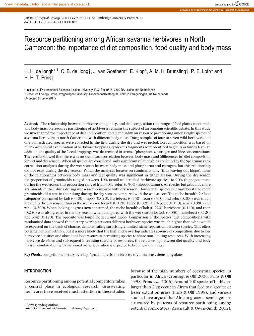 Resource Partitioning Among African Savanna Herbivores in North Cameroon: the Importance of Diet Composition, Food Quality and Body Mass