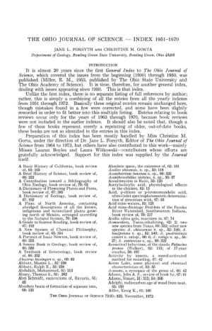 The Ohio Journal of Science — Index 1951-1970