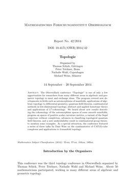 Mathematisches Forschungsinstitut Oberwolfach Topologie