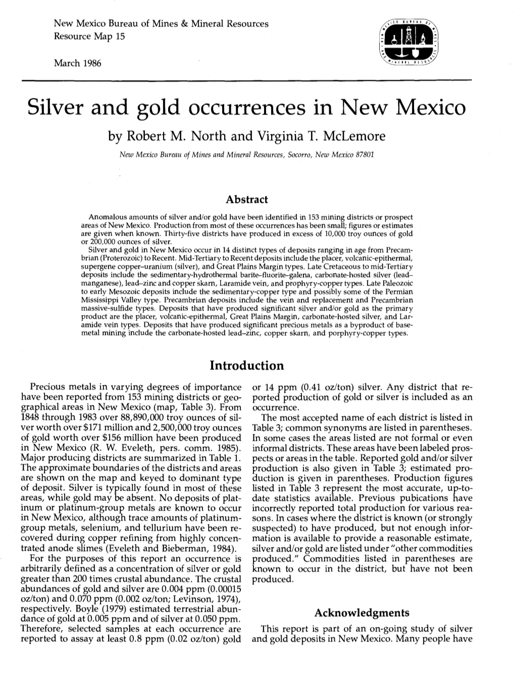 Silver and Gold Occurrences in New Mexico by Robert M