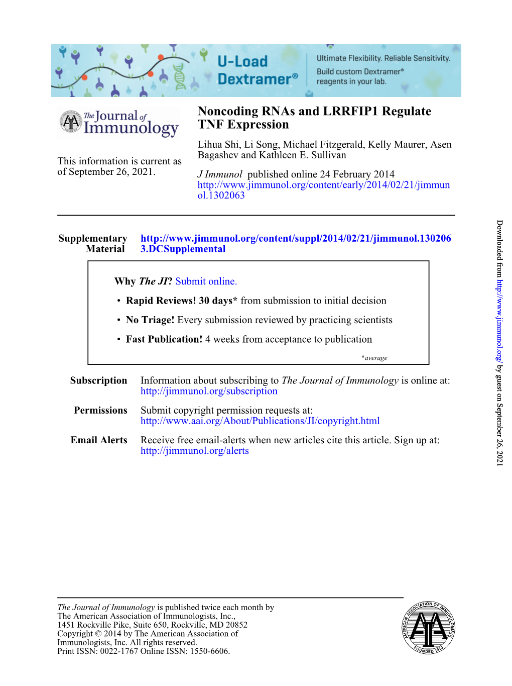 TNF Expression Noncoding Rnas and LRRFIP1 Regulate