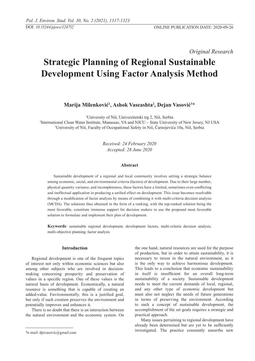 Strategic Planning of Regional Sustainable Development Using Factor Analysis Method