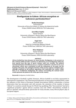 Hooliganism in Gabon: African Exception Or Gabonese Particularities? Advances in Social Sciences Research Journal, 6(7) 518-527