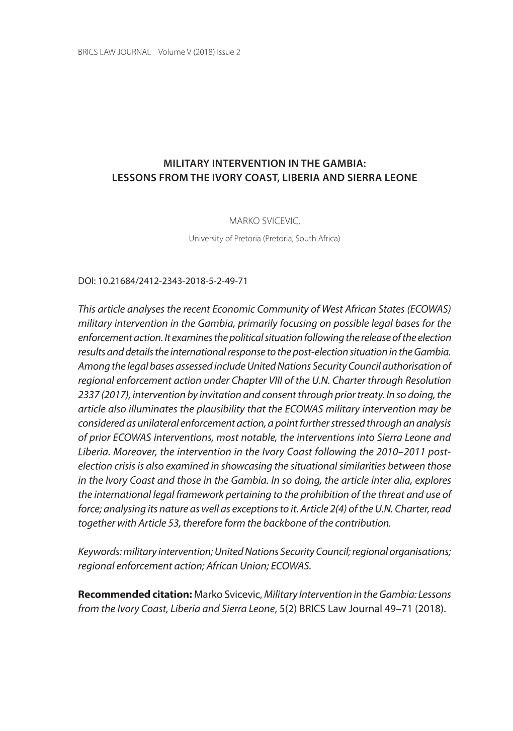 Military Intervention in the Gambia: Lessons from the Ivory Coast, Liberia and Sierra Leone