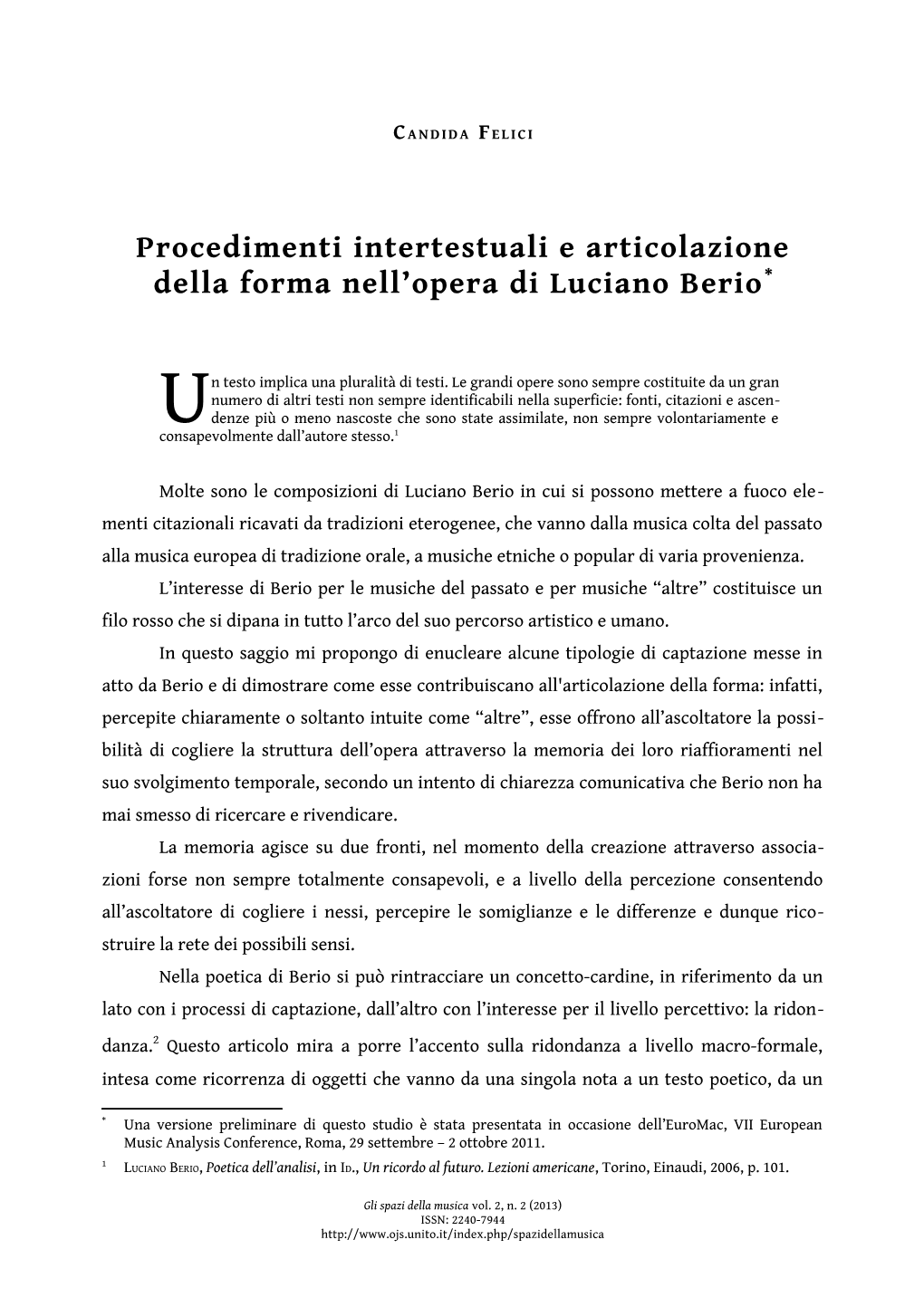 Procedimenti Intertestuali E Articolazione Della Forma Nell'opera