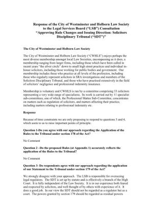 Response of the City of Westminster and Holborn Law Society to The