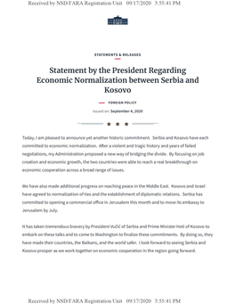 Statement by the President Regarding Economic Normalization Between Serbia and Kosovo