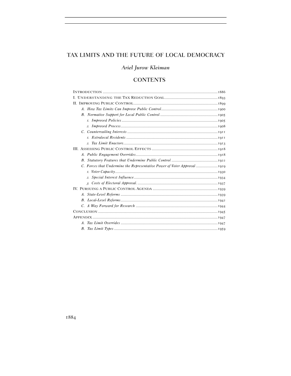 Tax Limits and the Future of Local Democracy Contents