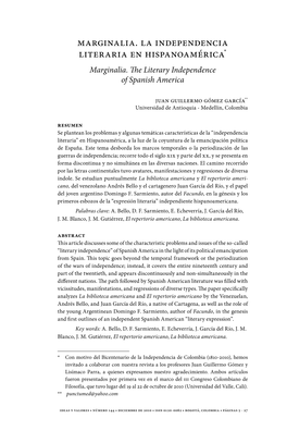 Marginalia. La Independencia Literaria En Hispanoamérica* Marginalia